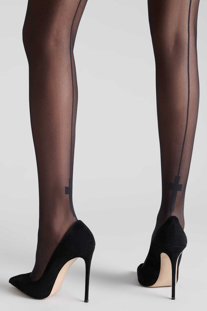 Cut and curled back seamed stockings with cross 20D - LEGWEAR
