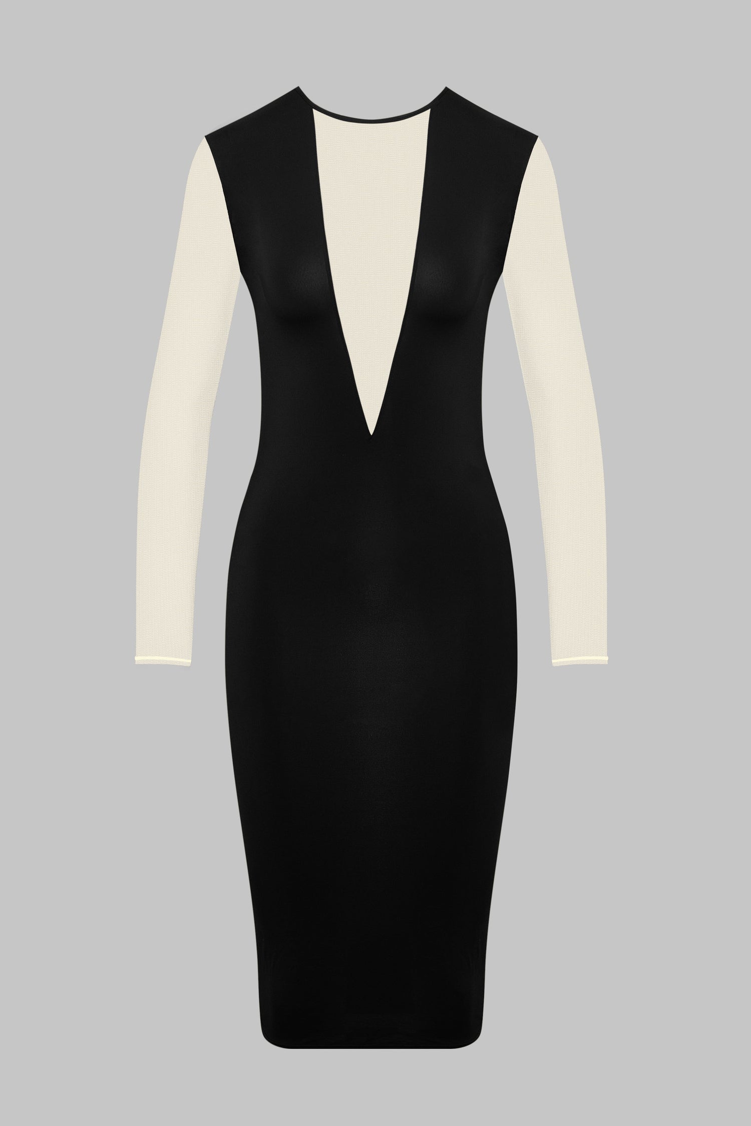 Midi Long Sleeve V-Neck Dress black/nude