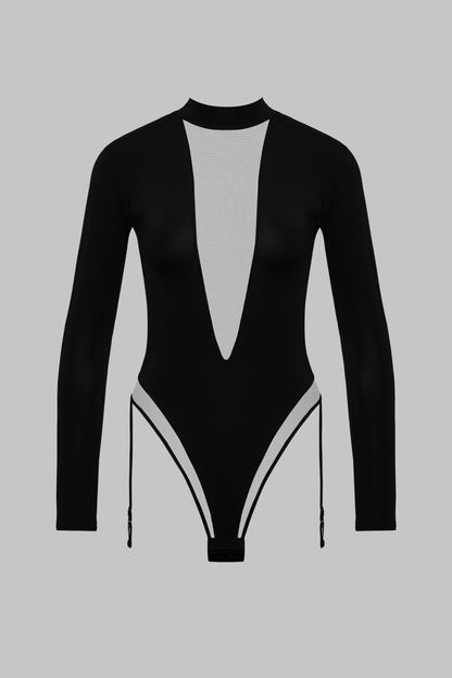 Long Sleeve V-Neck Thong Bodysuit with Garter - Pure Tentation