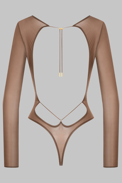 Open Back Long Sleeve Thong Bodysuit - French Kiss Light