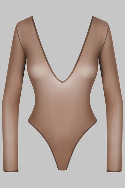 Open Back Long Sleeve Thong Bodysuit - French Kiss Light